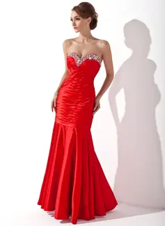 Corte sirena Escote corazón Hasta el suelo Charmeuse Vestidos de baile de promoción con Volantes Bordoneado (018005354)