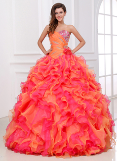 Ball-Gown Sweetheart Floor-Length Organza Quinceanera Dress With Ruffle Beading (021017529)