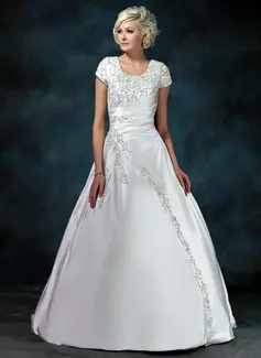 Ball-Gown Scoop Neck Sweep Train Satin Wedding Dress With Ruffle Beadwork Sequins (002011976)