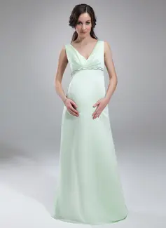 Empire V-neck Floor-Length Satin Maternity Bridesmaid Dress With Ruffle Beading (045020325)