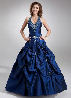 Ball-Gown Halter Floor-Length Taffeta Quinceanera Dress With Embroidered Beading (021004580)