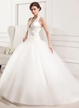 Ball-Gown Halter Sweep Train Satin Tulle Wedding Dress With Ruffle Lace Flower(s) (002012183)