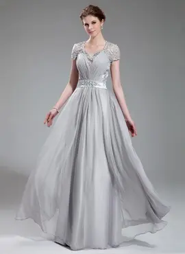 A-Line/Princess V-neck Floor-Length Chiffon Charmeuse Evening Dress With Ruffle Lace Beading (017019722)