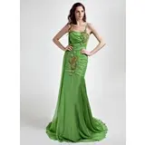 Mermaid Cowl Neck Court Train Chiffon Prom Dress With Ruffle Beading (018015804)