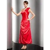 Um ombro Na altura do tornozelo Charmeuse Vestido de festa com Pregueado (017014552)