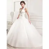 Gala-Japon Halter Korte Sleep Satijn Tule Bruidsjurken met Roes Kant Bloem(En) (002012183)