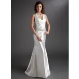 Sheath Halter Sweep Train Charmeuse Mother of the Bride Dress With Ruffle Beading (008016744)