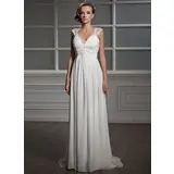 Empire V-neck Sweep Train Chiffon Tulle Wedding Dress With Ruffle Lace Beadwork (002006371)