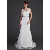 Sheath/Column V-neck Court Train Charmeuse Lace Wedding Dress With Sashes Beadwork (002000171)
