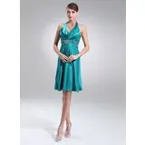 A-Line/Princess Halter Knee-Length Charmeuse Holiday Dress With Beading (020020920)
