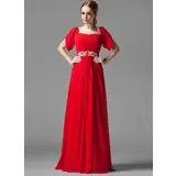 A-formet/Prinsesse Firkantet hals Gulv lengde Chiffon Brudepikekjole med Frynse Beading (007004718)