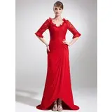 Sheath V-neck Asymmetrical Chiffon Lace Mother of the Bride Dress With Ruffle (008005945)