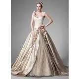 Ball-Gown One-Shoulder Chapel Train Satin Lace Wedding Dress With Ruffle Beadwork Flower(s) (002004515)