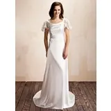 A-Line/Princess Cowl Neck Sweep Train Charmeuse Lace Wedding Dress With Ruffle (002012560)