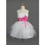 Império Decote recortado Curto/ Mini Tule Charmeuse Vestido de daminha com Pregueado faixa fecho de correr Lantejoulas (010014602)