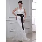 Sheath/Column Halter Court Train Satin Lace Wedding Dress With Sashes Crystal Brooch (002000430)