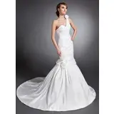 Mermaid Sweetheart One-Shoulder Chapel Train Taffeta Wedding Dress With Ruffle Flower(s) (002015132)