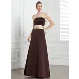 A-Line/Princess Strapless Floor-Length Satin Bridesmaid Dress With Sash (007004221)