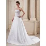 A-Line/Princess Court Train Satin Wedding Dress With Embroidery Beadwork (002006372)