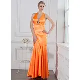 Mermaid Halter Floor-Length Charmeuse Prom Dress With Crystal Brooch (018005235)