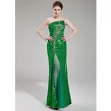 Sheath Scalloped Neck Floor-Length Tulle Sequined Prom Dress With Beading (018019687)