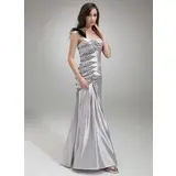 Mermaid One-Shoulder Floor-Length Charmeuse Prom Dress With Ruffle Beading Feather (018005253)