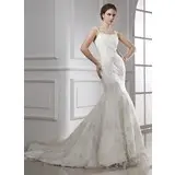 Mermaid Chapel Train Satin Tulle Wedding Dress With Lace (002015470)