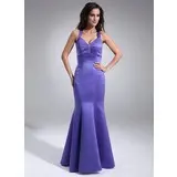 Sereia Decote V Vestidos longo cetim Vestido de madrinha com Pregueado Beading (007001883)