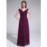 Império Sem o ombro Vestidos longo Chiffon Vestido de madrinha com Pregueado (007025351)