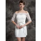 Sheath/Column Off-the-Shoulder Short/Mini Satin Wedding Dress With Lace (002015014)