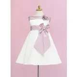 A-Line/Princess Off-the-Shoulder Tea-Length Satin Flower Girl Dress With Sash Flower(s) (010005329)