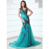 Mermaid V-neck Court Train Tulle Prom Dress With Ruffle Appliques (018017355)