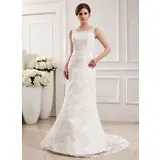 Mermaid Scoop Neck Sweep Train Satin Lace Wedding Dress (002019532)