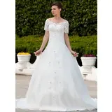 Ball-Gown Off-the-Shoulder Chapel Train Organza Wedding Dress With Ruffle Lace Beadwork (002011562)