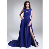 A-Line/Princess Scoop Neck Sweep Train Chiffon Charmeuse Oscar Style Dresses With Ruffle Lace Beading (028005030)