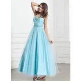 A-Line/Princess Halter Ankle-Length Tulle Prom Dress With Ruffle Beading (018005270)