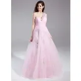 Império Um ombro Vestidos longo Tule Vestido de baile com Pregueado Bordado (018015872)
