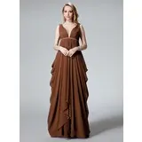 Império Decote V Vestidos longo Chifon Vestido de madrinha com Pregueado faixa (007004327)