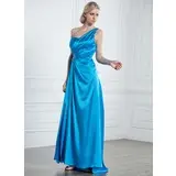 A-Line/Princess One-Shoulder Sweep Train Charmeuse Prom Dress With Ruffle Beading (018005240)