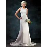 Sheath/Column Scoop Neck Court Train Satin Wedding Dress With Lace Beadwork Sequins (002004594)