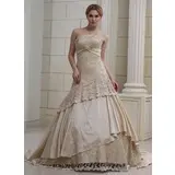 Ball-Gown Strapless Court Train Satin Lace Wedding Dress With Ruffle Crystal Brooch Sequins (002011382)