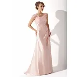 Sheath Scoop Neck Sweep Train Charmeuse Lace Mother of the Bride Dress With Ruffle (008005616)