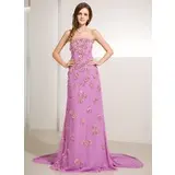 Sheath Strapless Watteau Train Chiffon Prom Dress With Ruffle Beading Sequins (018014230)