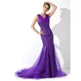Mermaid Cowl Neck Court Train Tulle Charmeuse Mother of the Bride Dress With Beading (008006078)