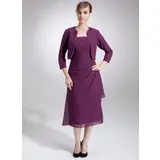 Sheath Square Neckline Tea-Length Chiffon Mother of the Bride Dress With Ruffle Beading (008006001)