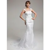 Mermaid Court Train Satin Tulle Wedding Dress With Lace Beadwork (002000183)