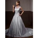 Ball-Gown Scoop Neck Chapel Train Organza Satin Wedding Dress With Embroidery Beadwork (002011445)