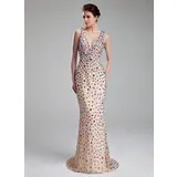 Sheath V-neck Sweep Train Chiffon Prom Dress With Beading (018019097)