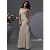 Sheath Scoop Neck Floor-Length Chiffon Tulle Prom Dress With Ruffle Beading Flower(s) (018022747)