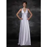 Sheath/Column Halter Sweep Train Charmeuse Wedding Dress With Ruffle Beadwork (002001609)